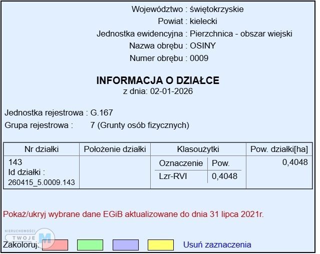 Działka Rolna Osiny gm. Pierzchnica